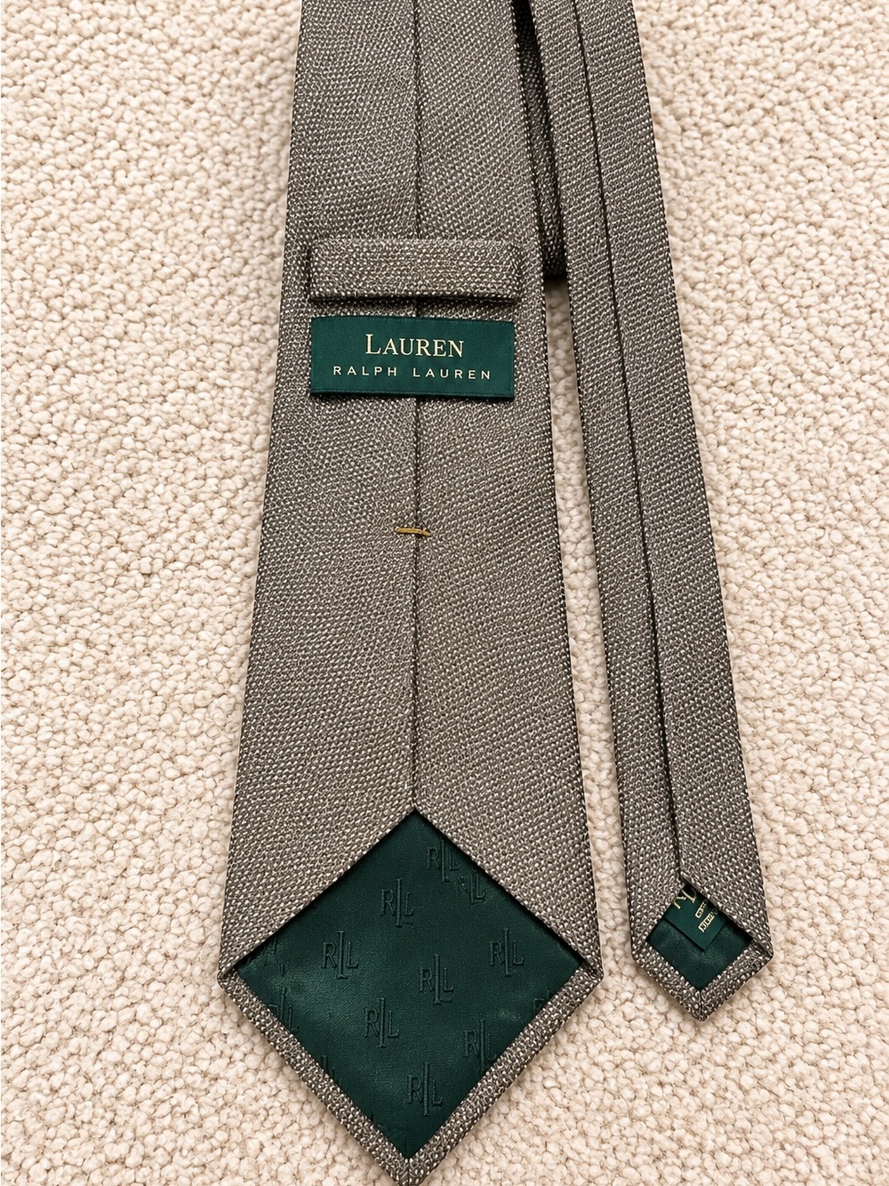 Lauren Ralph Lauren Gray Textured 100% Silk Tie Green Lining